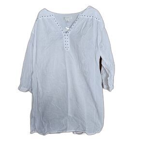 Studio White Studded Oversized Blouse L - Flowy Short Sleeve Sheer Tunic Top